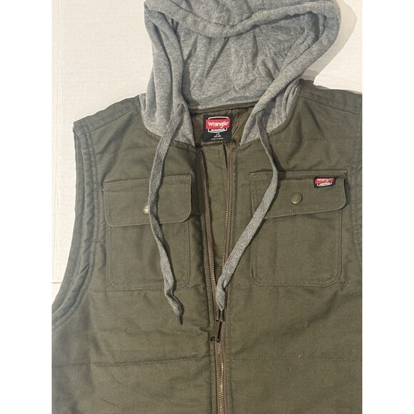 Wrangler Workwear Hooded Canvas Vest Men’s LG Zip Up Lined Utility Olive Green - Picture 3 of 6